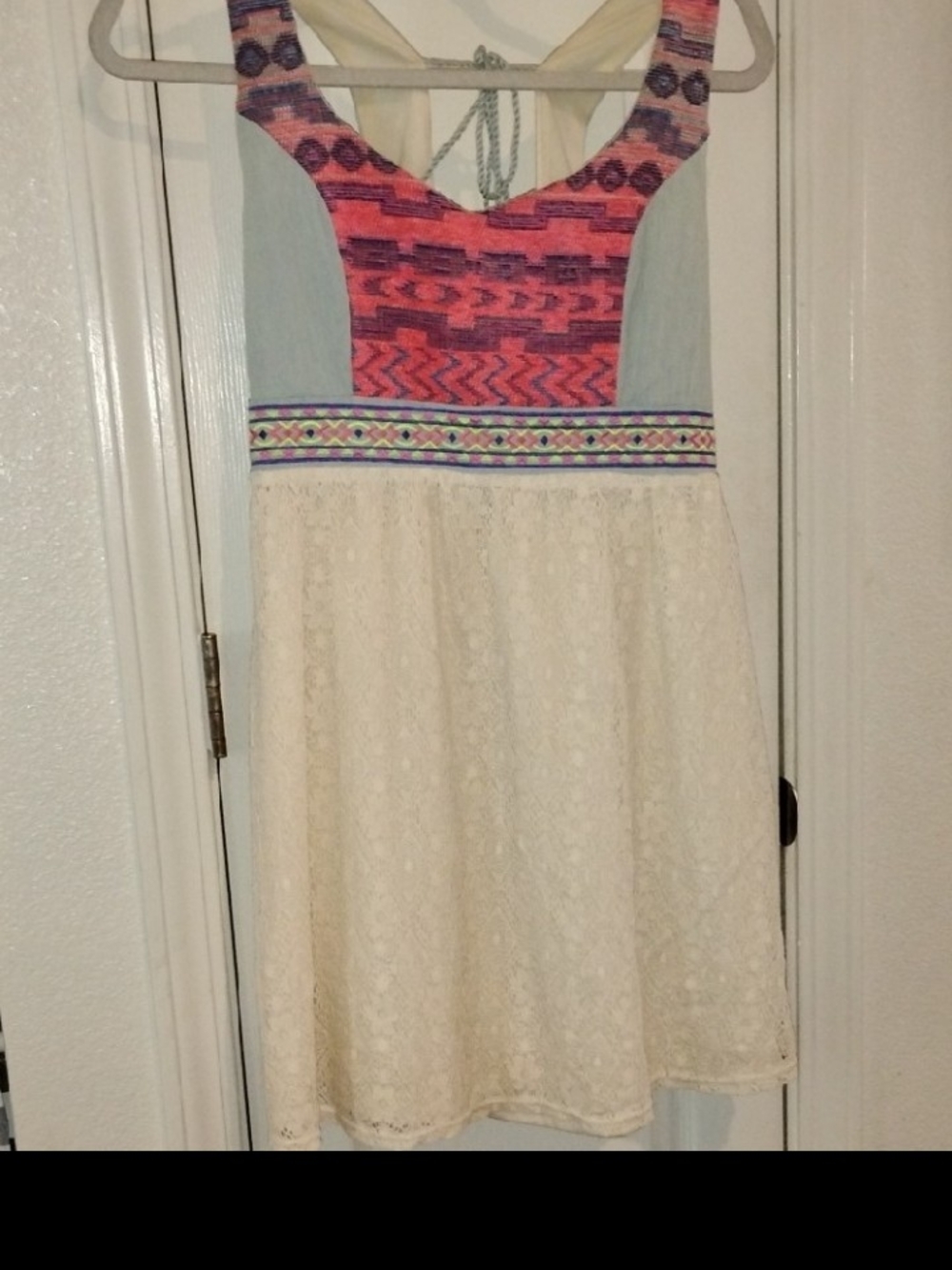 Flying Tomato Cream Lace Skater Dress with Pink and Light Blue Patterned Bodice